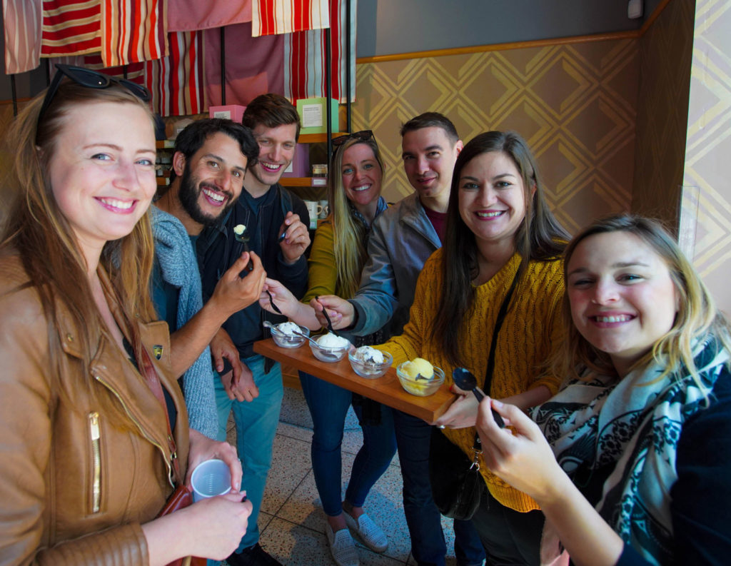 Tasting ice cream on a client appreciation food tour with Stretchy Pants in San Francisco. 