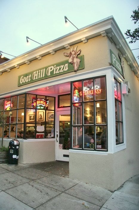 Exterior of Goat Hill Pizza, a beloved San Francisco pizzeria known for its sourdough-based pies and neighborhood charm since 1975.