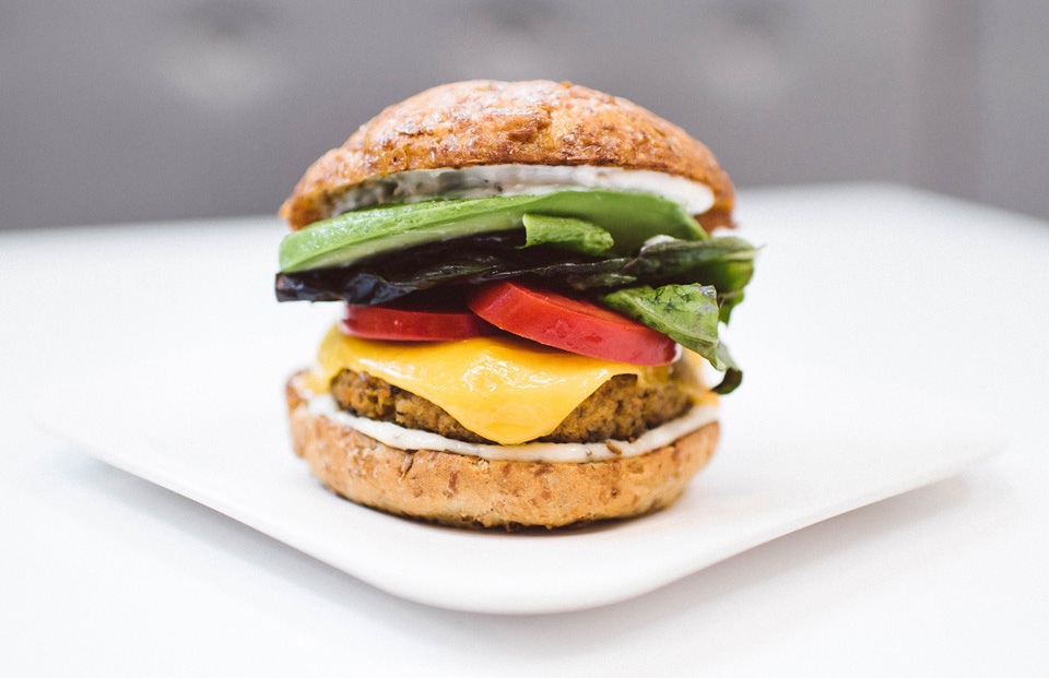 Stacked vegan burger in San Francisco